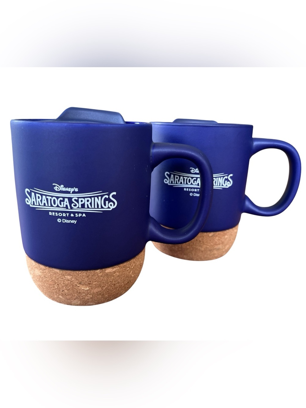 Disney Saratoga Springs Resort Ceramic Travel Mug Set 2 Cork Base Blue Lids 12oz